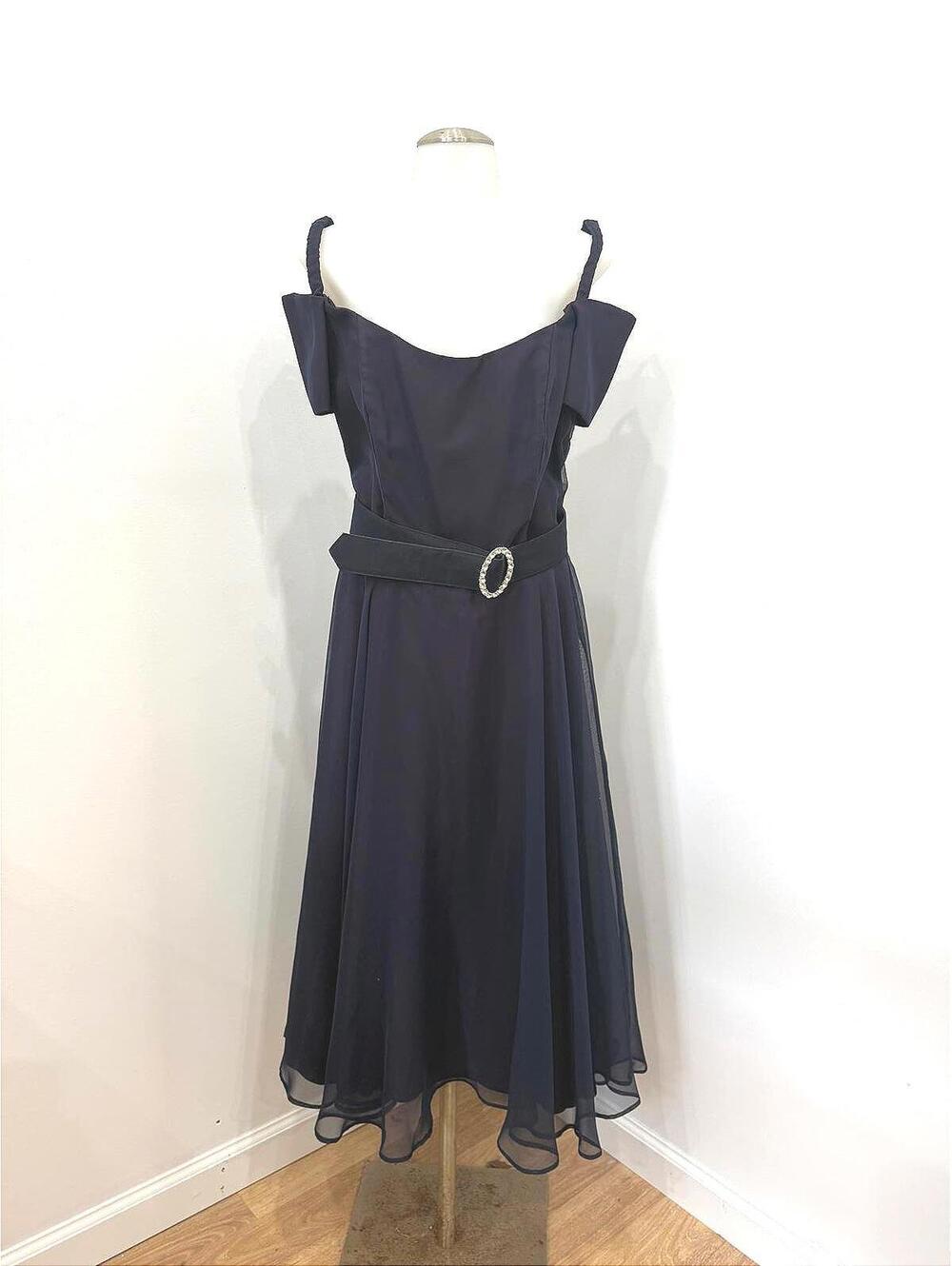 Vintage 70s Belted Elegant Navy Blue Off-Shoulder Dress with Belt